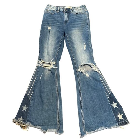 Bridge by Gly Denim - Bridge by GLY High Rise Super Flare Patriotic Jeans, Star Distressed, Size 27